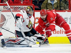 Carolina Hurricanes' Jordan Staal shoots and scores against Ottawa Senators goalie Craig Anderson during an NHL game in Raleigh, N.C., on Feb. 24, 2017. (AP Photo/Gerry Broome)