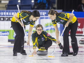 Northern Ontario skip Krista McCarville delivers a stone during the Scotties Tournament of Hearts at the Meridian Centre in St. Catharines, Ont., on Feb. 24 2017. McCarville's rink defeated Northwest Territories to cement a spot in the playoffs. (BOB TYMCZYSZYN/Postmedia Network)