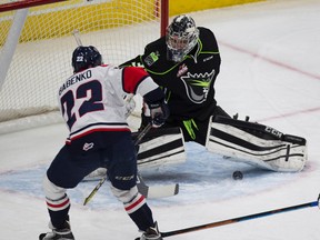 Edmonton Oil Kings goaltender Josh Dechaine is scored on by Lethbridge Hurricanes Egor Babenko on January 11, 2017 in Edmonton. Dechaine made 38 saves in a 4-1 loss at the Prince George Cougars on Friday.