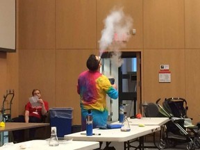 Associate chemistry professor Jeff Manthorpe puts on a demonstration at the 10th annual chemistry magic show at Carlton University on Saturday.