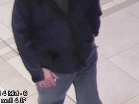 Winnipeg police released an image on Feb. 25, 2017, obtained from mall security of a man considered a person of interest in an incident which occurred at St. Vital Centre mall in Winnipeg on Feb. 19, 2017, when a small group of teenage girls observed an unknown male following them. When they entered a store to get away from him, one of the girls discovered an unknown substance on her clothing believed to have been sprayed by the man.
He is described as a white male, 50-plus years old, 5'7"-5'8" tall, heavy build wrinkled weathered-looking face and wearing a blue flat-style felt hat with a small brim and blue/black jacket. Anyone with information is asked to contact investigators directly at (204) 986-6245.
Winnipeg Police Service/Handout