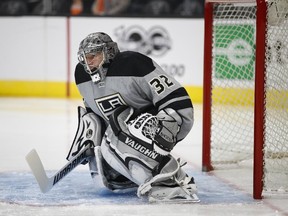 Kings goalie Jonathan Quick guards his net during first period NHL action against the Ducks in Los Angeles on Saturday, Feb. 25, 2017. (Jae C. Hong/AP Photo)
