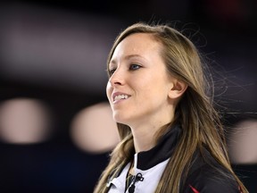 Ontario skip Rachel Homan smiles after her delivery against Northern Ontario in the semifinals of the Scotties Tournament of Hearts in St. Catharines, Ont., on Saturday, Feb. 25, 2017. (Sean Kilpatrick/The Canadian Press)