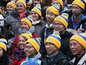 Dozens of walkers don yellow and blue toques for nightlight Canada's Coldest Night of the Year fundraising walk on Saturday February 25, 2017 in Belleville, Ont. Tim Miller/Belleville Intelligencer/Postmedia Network