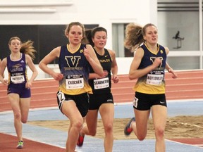 Laurentian Voyageurs track team members Megan Crocker and Jenny Bottomley compete at the Ontario University Indoor Track & Field Championships at York University in Toronto on the weekend. Dick Moss/For The Sudbury Star