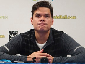 Milos Raonic, of Canada, speaks during a news conference at the Delray Open tennis tournament in Delray Beach, Fla., Sunday, Feb. 26, 2017. Raonic pulled out of the final against Jack Sock because of an injury. (Joe Cavaretta/South Florida Sun-Sentinel via AP)