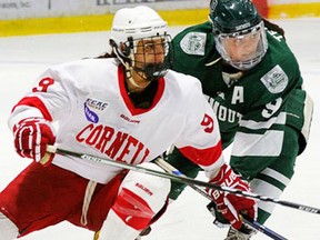 Belleville's Hanna Bunton of Cornell battles a Dartmouth foe during 2016-17 women's Ivy League hockey action. (Cornell Athletics photo)