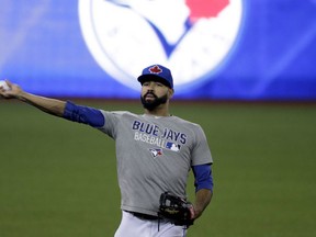 Toronto Blue Jays' Dalton Pompey warms up before Game 3 of baseball's American League Championship Series against the Cleveland Indians in Toronto, Monday, Oct. 17, 2016. (AP Photo/Charlie Riedel)