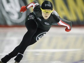 Canada's Heather McLean skates during the second women's 500-metre competition at the ISU world sprint speedskating championships in Calgary, Alta., Sunday, Feb. 26, 2017. (THE CANADIAN PRESS/Jeff McIntosh)