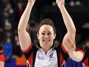 Ontario second Joanne Courtney celebrates after her team defeated Manitoba in the gold-medal match at the Scotties Tournament of Hearts in St. Catharines, Ont., on Feb. 26, 2017. (SEAN KILPATRICK/The Canadian Press)