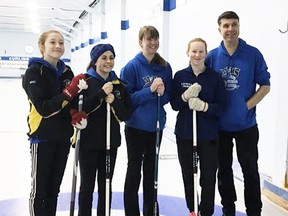 Bree Belfour (left), Cassidy Smith, Kelly Ward and Maddy Larivee pose with coach Dan Ward in winning silver at the recent H-P event. SUBMITTED