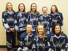These eight players from Mitchell and area form the nucleus of the St. Marys U12 provincial petite ringette team which is preparing to participate in their provincial event this weekend, March 2-5, in and around Forest. Back row (left): Morgan Tam, Ellory Beuermann, Avery Richardson, Molly Snyders, Ashtyn Wedow. Front row (left): Haddie McLaughlin, Kirsten Kipfer and Lydia Chaffe. The Snipers open their McCarthy Division tournament March 2 against Whitby, then face West Ottawa and Elora-Fergus March 3. They will conclude preliminary play March 4 against Burlington and Dorchester, with the top three teams advancing to the playoff round Sunday, March 5 at the Lambton Shores Arena in Forest. Good luck, ladies! SUBMITTED
