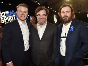 (L-R) Actor Matt Damon, playwright Kenneth Lonergan, and actor Casey Affleck attend the 2017 Film Independent Spirit Awards at the Santa Monica Pier on February 25, 2017 in Santa Monica, California. (Photo by Alberto E. Rodriguez/Getty Images for Film Independent)