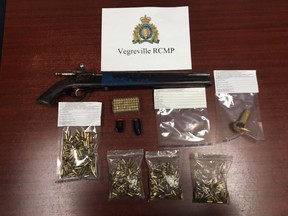 Vegreville RCMP seized a prohibited firearm, ammunition and homemade explosive devices on February 23, 2017. RCMP handout photo
