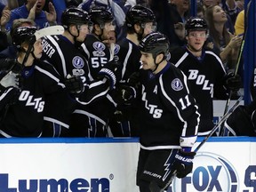 Tampa Bay Lightning centre Brian Boyle celebrates after scoring against the Anaheim Ducks during the shootout in an NHL game on Feb. 4, 2017. (AP Photo/Chris O'Meara)