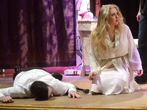 Nawton Chiles plays Polonius and Lauryn Andersson is Gertrude in the Lucas secondary school production of Hamlet, which runs Wednesday through Friday at Lucas. (MORRIS LAMONT, The London Free Press)