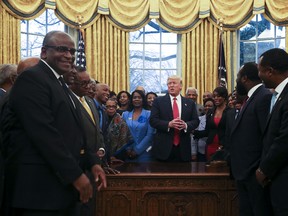 U.S. President Donald Trump poses with the Historically Black Colleges and Universities in the Oval Office of the White House, on Feb. 27, 2017 in Washington, D.C. (Aude Guerrucci-Pool/Getty Images)