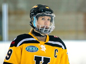 Five-year veteran Brianna Gaffney scored one goal and added an assist on another as the Kingston Jr. Ice Wolves dropped a pair of 3-1 decisions to the Waterloo K-W Rangers in Provincial Women's Hockey League round of 16 playoff action on Saturday and Sunday at the Invista Centre. Kingston trails the best-of-five series, 2-0. (Tim Gordanier/The Whig-Standard)