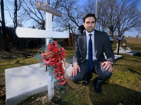 London MP Peter Fragiskatos at the memorial to Vimy Ridge veterans, put together by volunteers in a small bit of greenspace near the Hale Street roundabout, is a perfect tribute and should be designated in time for the Vimy Ridge centenary in April. (MORRIS LAMONT, The London Free Press)