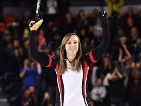 Ontario skip Rachel Homan celebrates after defeating Manitoba in the gold-medal match on Sunday. (THE CANADIAN PRESS)