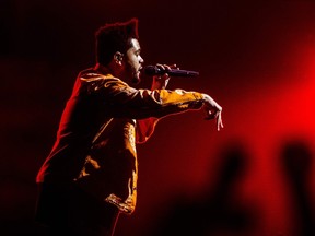Canadian singer The Weeknd performs during his concert at the Ziggo Dome in Amsterdam, on February 24, 2017. / AFP PHOTO / ANP / Paul Bergen / Netherlands OUTPAUL BERGEN/AFP/Getty Images