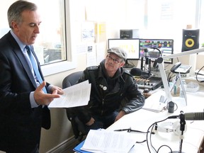 BRUCE BELL/THE INTELLIGENCER
Bay of Quinte MP Neil Ellis (left) was at 99.3 County FM in Picton on Tuesday to present the community station with $23,766 from the New Horizons for Seniors Program. He is joined by on-air production leader Pat Larkin. The funding will help finance new mobile broadcasting equipment to visit and produce more senior-based programming.