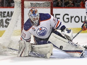 Cam Talbot of the Edmonton Oilers makes a save against the Chicago Blackhawks at the United Center on February 18, 2017 in Chicago, Illinois. Talbot will start Tuesday against the St. Louis Blues.