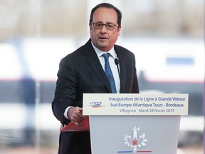 French President Francois Hollande delivers a speech as he attends the inauguration of the new “Sud Europe Atlantique” (South Europe Atlantic) high-speed rail line February 28, 2017, in Villognon. (YOHAN BONNET/Getty Images)