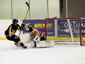 Vermilion Junior B Tigers' Eddie May scores the first goal for the Tigers during the first period of Game 3 against Wainwright Bisons at the Vermilion Stadium on Wednesday, February 22, 2017, in Vermilion, Alta. Taylor Hermiston/Vermilion Standard/Postmedia Network.