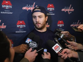 Kevin Shattenkirk of the Washington Capitals speaks at a press conference prior to his first game with the team against the New York Rangers at Madison Square Garden on February 28, 2017 in New York City.