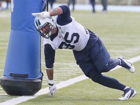Argonauts pass rusher Ricky Foley chose rest and rehab to recover from a foot injury instead of surgery. (VERONICA HENRI/Toronto Sun)