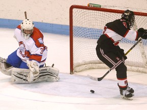 Sam Stanton of the Aquinas Flames gets a rebound caught up in his skates and can?t score against St. Andre Bessette Bulldogs goaltender Brock Macdonald in Game 2 of the London District best-of-three championship series on Tuesday at Thompson arena. Bessette won 2-1 to tie the series at 1-1. (MIKE HENSEN, The London Free Press)