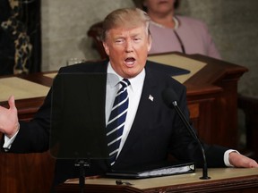 U.S. President Donald Trump addresses a joint session of the U.S. Congress on February 28, 2017 in the House chamber of the U.S. Capitol in Washington, DC. Trump's first address to Congress focused on national security, tax and regulatory reform, the economy, and healthcare. (Photo by Chip Somodevilla/Getty Images)