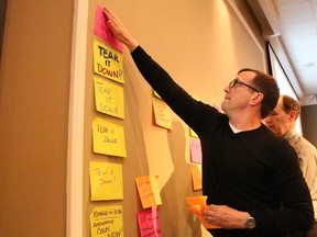 City planning and building director Alan Shaw posts suggestions gathered at a public meeting Tuesday night on the future of the former Sarnia General Hospital site. About 50 people attended the public input workshop held at the Lambton College Event Centre. Meeting participants ranked demolition as the No. 1 action they'd like to see happen in connection to the site. Barbara Simpson/Sarnia Observer/Postmedia Network