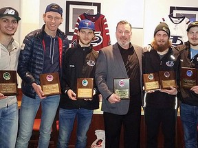 The Tillsonburg Hurricanes wrapped up their first GMHL junior hockey season with a team banquet at Boston Pizza in Tillsonburg. The team thanked all the sponsors, fans, staff, billet families, and players for making their first full season a success, as well as the Town of Tillsonburg for giving them a home. Team awards were presented to Logan Kerner- Community Service Award & MVP; Noah DeMelo - Most Improved; Julius Olsson - Rookie of the Year; Tanner Tuttle - Most Dedicated; and Constantin Mircea - Most Points. (Contributed photo)