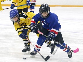 Sebastien Zaher of the Sudbury Minor Hockey Snipers battles for the puck with Malik Lacroix of  L'Ami Honda  Rouyn-Noranda during atom championship game action from the Wayne and Lucy Eadie Spirit of Hockey Houseleague Tournament in Sudbury, Ont. on Sunday February 26, 2017. Gino Donato/Sudbury Star/Postmedia Network