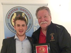 Sarnia Legionnaires goalie Jorgen Johnson, left, has been named to the Western Ontario Hockey Conference rookie all-star team. He's shown here with the club's general manager, Bob Williamson, who won the Convenors Award for his volunteer work. (Photo by Holly Griffith)