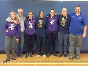 Woodstock will have four wrestlers head to OFSAA March 1 to 3 in Brampton with five having medalled at WOSSAA finals Feb. 17. Kaylee McQuaid, left, Dinfy Vanzanvoort, third from the left, Angel Murray, middle, Elliot Tasker, third from the right and Damian Watson, second from the right, all winning WOSSAA medals. (Submitted photo)