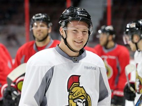 Curtis Lazar skates at the Senators morning practice at Canadian Tire Centre in Ottawa on Wednesday, March 1, 2017. Lazar was traded hours later to the Flames before the NHL's 3 p.m. ET trade deadline. (Julie Oliver/Postmedia)