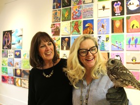One of its long-time residents, Otis, a screech owl, stopped in at Artopia with the centre's Lynn Eves, left, Wednesday. Artopia owner Corinne Schieman is pictured holding Otis. (TYLER KULA, The Observer)
