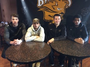 James Wagner (all-rookie team), AJ Basi, Kirby Schepp, and Justus Alleyn will take the Bisons into the Canada West final four this weekend with a berth at nationals on the line. (Ted Wyman/Winnipeg Sun/Postmedia Network)