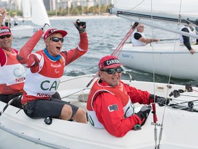 From left, skipper Paul Tingley, Logan Campbell and Scott Lutes compete during the 2016 Paralympic Games in Rio de Janeiro, Brazil. They won a bronze medal in three-person keelboat (Sonar). (Matthew Murnaghan/Canadian Paralympic Committee)