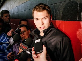 Curtis Lazar speaks to Ottawa reporters after he was traded to the Calgary Flames on Wednesday afternoon. (Errol McGihon/Ottawa Sun)
