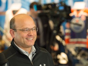 Edmonton Oilers General Manager Peter Chiarelli speaks with the media after the NHL trade deadline on March 1, 2017 at Rogers Place.