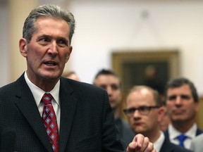 Premier Brian Pallister makes a point during a press conference at the Manitoba Legislative Building in Winnipeg on Wed., March 1, 2017. (Kevin King/Winnipeg Sun/Postmedia Network)