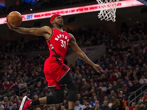 Terrence Ross goes up for the break away dunk during the first half of a Toronto Raptors game against the Philadelphia 76ers, on Dec. 14, 2016, in Philadelphia. (AP Photo/Chris Szagola)