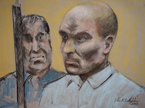 Bertrand Charest, who faces a total of 57 charges involving 12 young females, is seen on a court drawing during a bail hearing on March 16, 2015 in St. Jerome, Que. (Mike McLaughlin/The Canadian Press/Files)