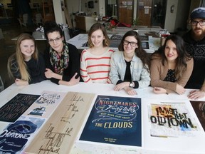 Stephanie Hrechka, a 2nd year graphic design student, along with graphic design program instructor Chantal Abdel-Nour, Danielle Provencher, Miranda Fragomeni, also 2nd year graphic design students, Tracy Baker, graphic design instructor and co-founder of Makers North, and Josh Turnbull, music co-ordinator with Makers North at the Cambrian College art studio in Sudbury. Gino Donato/Sudbury Star/Postmedia Network