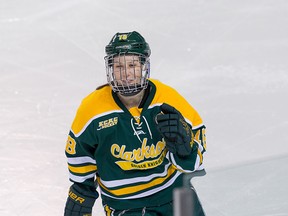 Cayley Mercer #18 of the Clarkson Golden Knights celebrates her goal against the Boston College Eagles during game one of the 2016 NCAA Division I Women's Hockey Frozen Four Championship Semifinals at the Whittemore Center Arena on March 18, 2016 in Durham, New Hampshire. (Photo by Richard T Gagnon/Getty Images)