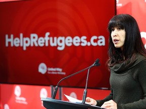 Dr. Jodene Baker, Chair, United Way Community Investment, announces the launch of a new website to assist refugee claimants in Winnipeg.